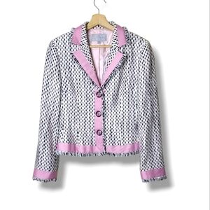 Vintage Earl Rutenberg Bouclé Tweed Blazer M Pink Trim Ribbon Button USA Made